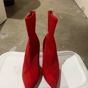 Brash Red Stretch-Knit Pointed Toe Ankle Boots